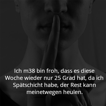 Ich m38 bin froh, dass es diese Woche wieder nur 25 Grad hat, da ich Spätschicht habe, der Rest kann meinetwegen heulen.