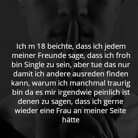 Ich m 18 beichte, dass ich jedem meiner Freunde sage, dass ich froh bin Single zu sein, aber tue das nur damit ich andere ausreden finden kann, warum ich manchmal traurig bin da es mir irgendwie peinlich ist denen zu sagen, dass ich gerne wieder eine Frau an meiner Seite hätte