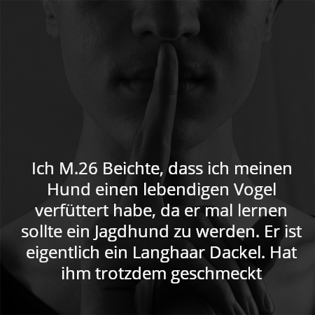 Ich M.26 Beichte, dass ich meinen Hund einen lebendigen Vogel verfüttert habe, da er mal lernen sollte ein Jagdhund zu werden. Er ist eigentlich ein Langhaar Dackel. Hat ihm trotzdem geschmeckt