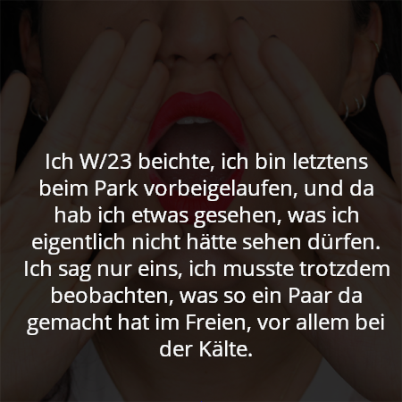 Ich W/23 beichte, ich bin letztens beim Park vorbeigelaufen, und da hab ich etwas gesehen, was ich eigentlich nicht hätte sehen dürfen. Ich sag nur eins, ich musste trotzdem beobachten, was so ein Paar da gemacht hat im Freien, vor allem bei der Kälte.