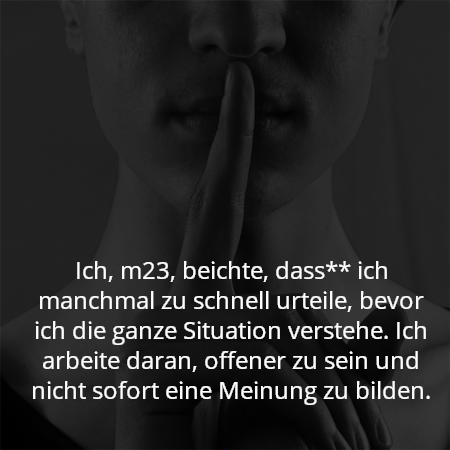 Ich, m23, beichte, dass** ich manchmal zu schnell urteile, bevor ich die ganze Situation verstehe. Ich arbeite daran, offener zu sein und nicht sofort eine Meinung zu bilden.