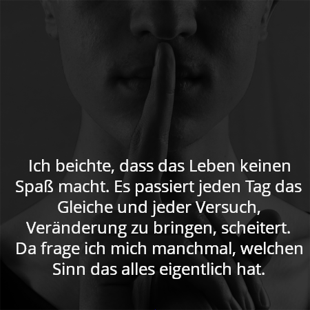 Ich beichte, dass das Leben keinen Spaß macht. Es passiert jeden Tag das Gleiche und jeder Versuch, Veränderung zu bringen, scheitert. Da frage ich mich manchmal, welchen Sinn das alles eigentlich hat.