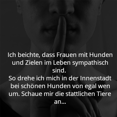 Ich beichte, dass Frauen mit Hunden und Zielen im Leben sympathisch sind. 
So drehe ich mich in der Innenstadt bei schönen Hunden von egal wen um. Schaue mir die stattlichen Tiere an…