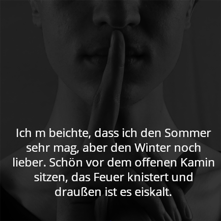 Ich m beichte, dass ich den Sommer sehr mag, aber den Winter noch lieber. Schön vor dem offenen Kamin sitzen, das Feuer knistert und draußen ist es eiskalt.